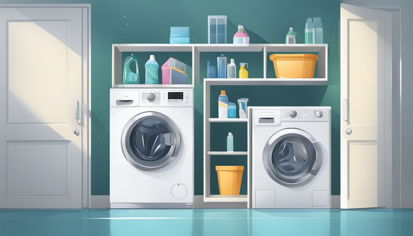 A front load washing machine being cleaned with a scrub brush and detergent, water running from the door seal