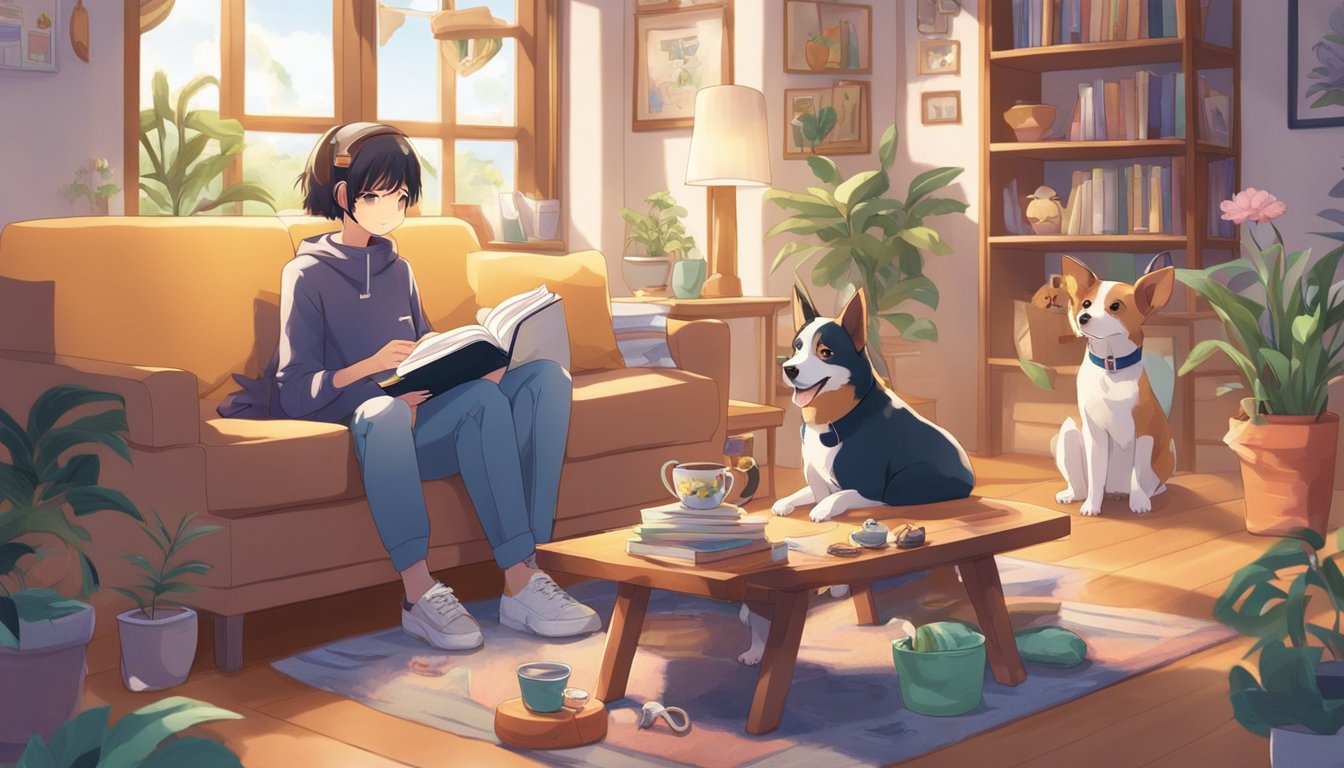 A cozy living room with a new pet owner reading a book on pet care, surrounded by pet supplies and a happy, well-behaved pet