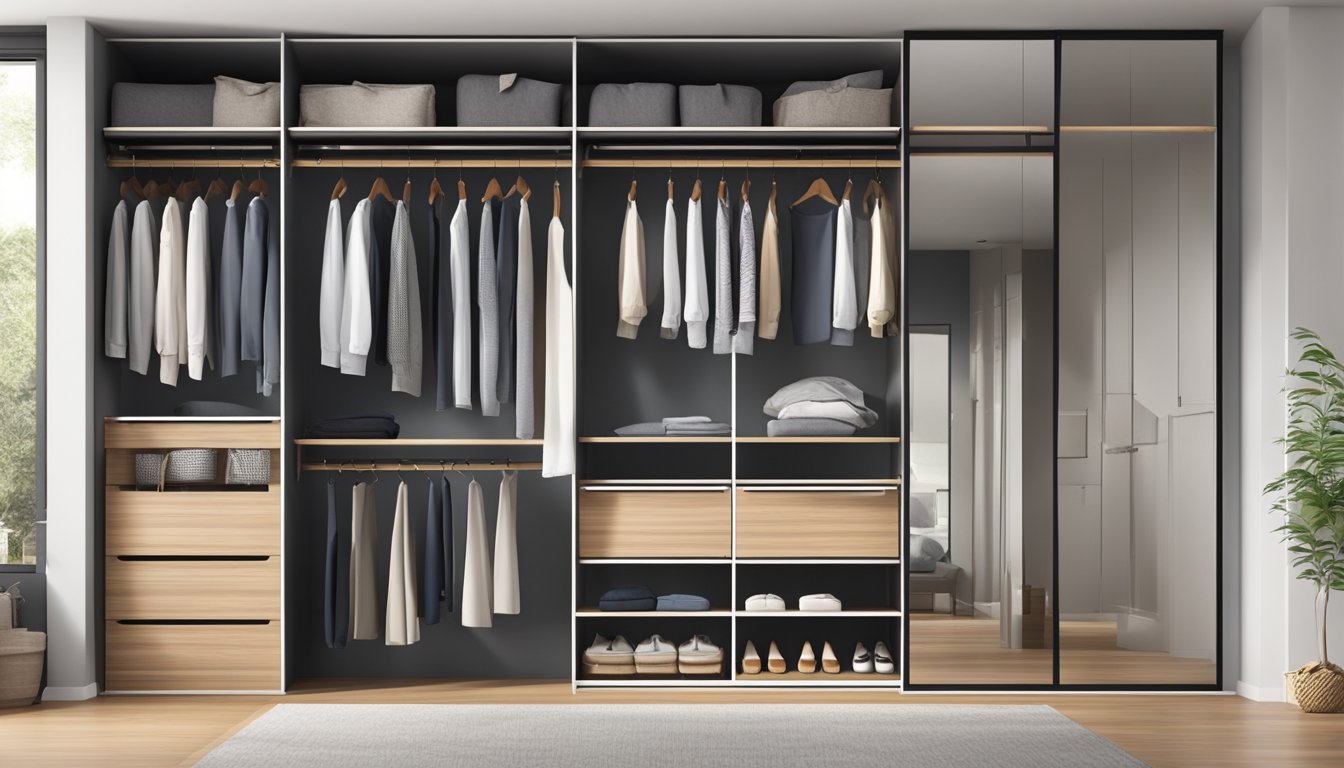 Sliding mirror wardrobe doors reflect a spacious, organized interior with hanging clothes and neatly folded shelves