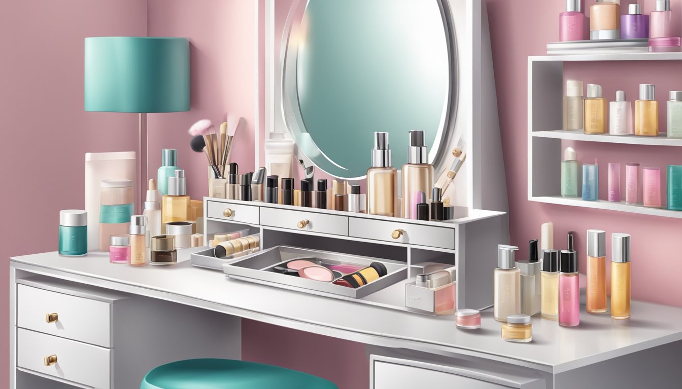 A dressing table with drawers and compartments, adorned with a mirror and various beauty products