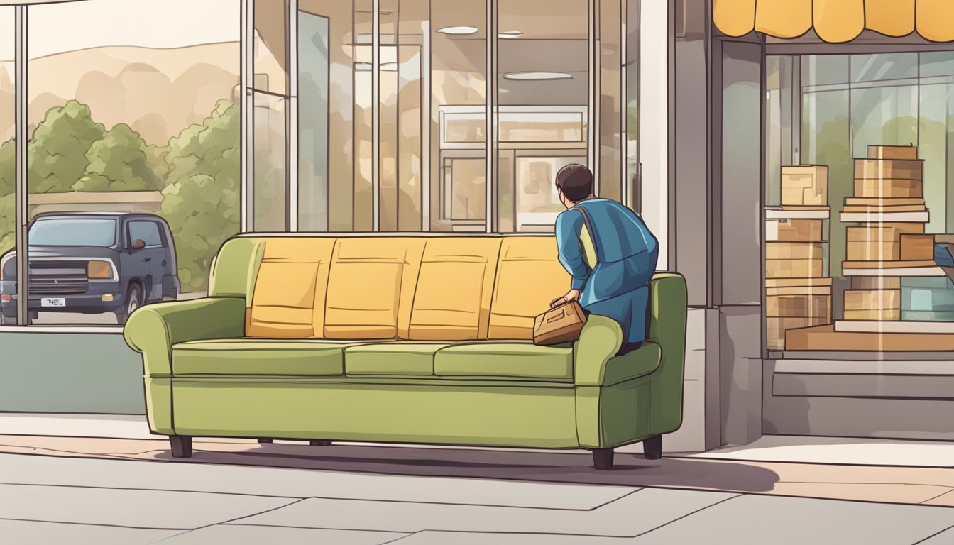 A person buys a couch from a store and carefully brings it home