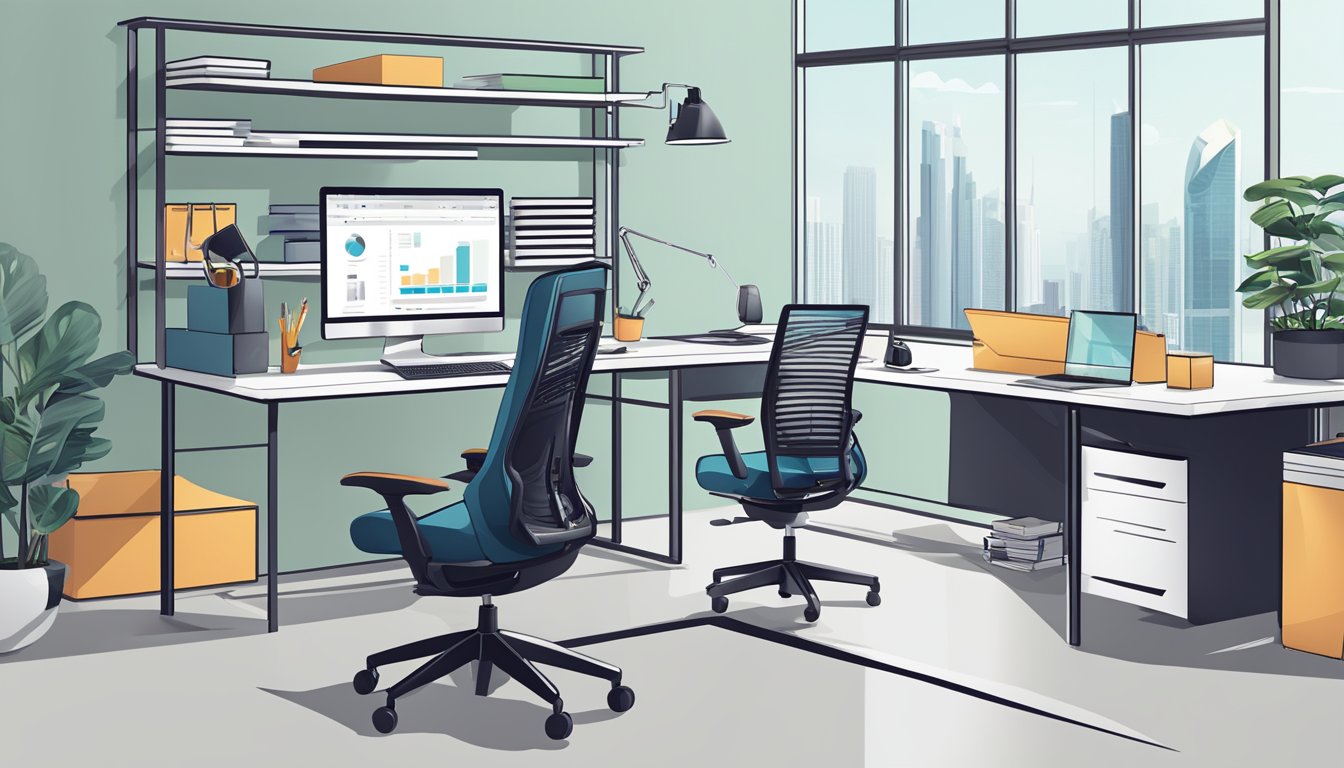 A modern office setting in Singapore with a UX designer's workstation, featuring a sleek computer, ergonomic chair, and design tools