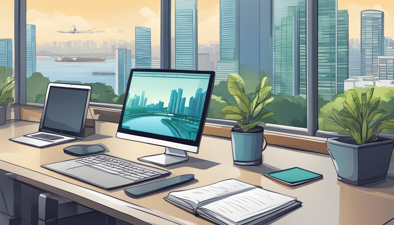 A desk with a computer, notebook, and pen. A salary report and Singapore cityscape in the background