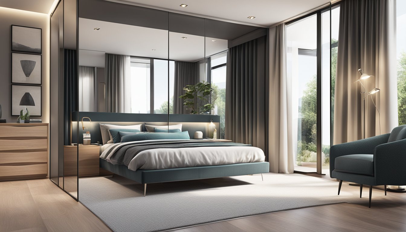 A sleek, modern bedroom with floor-to-ceiling sliding mirror wardrobe doors reflecting the room's design and aesthetics