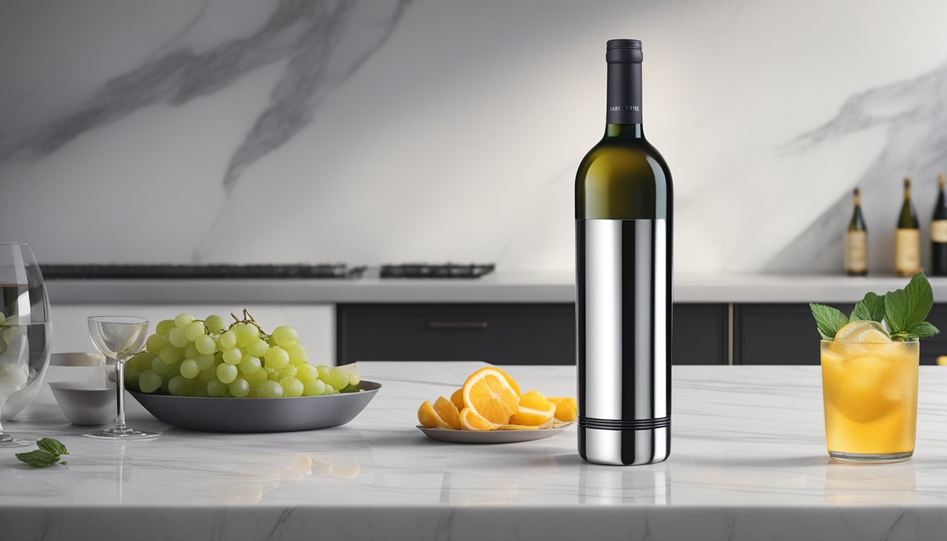 A sleek, stainless steel wine chiller sits on a marble countertop, with a single bottle of wine nestled inside, condensation glistening on the surface