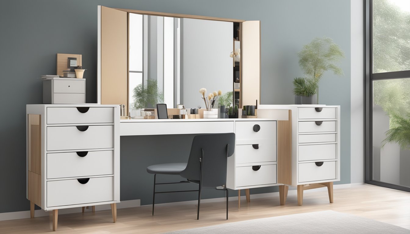 A sleek, modern dressing table with multiple drawers and compartments for storage. The table features a large mirror and a clean, minimalist design