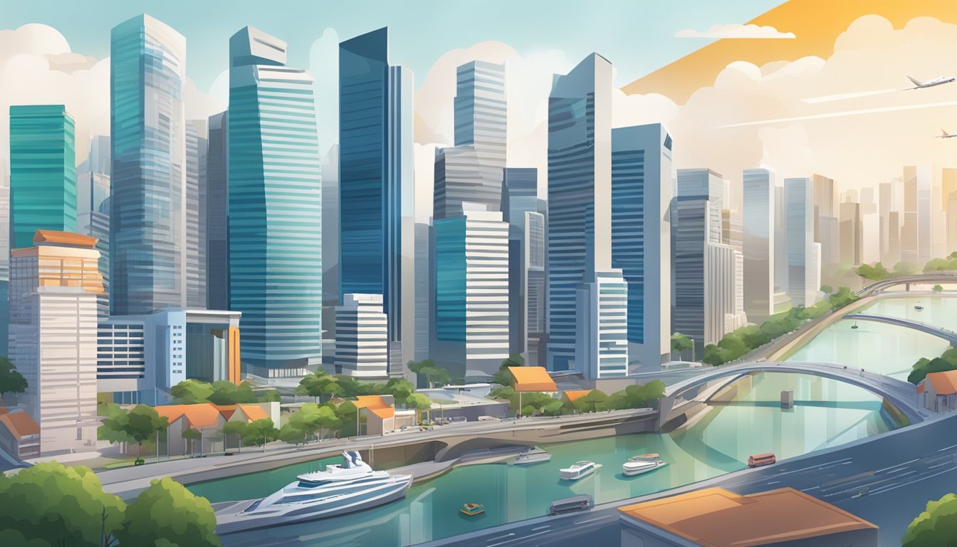 A bustling Singapore cityscape with a skyline of modern buildings, showcasing the vibrant tech industry. A UX designer's workspace with sleek, innovative technology and tools, symbolizing the potential for high earnings in the field