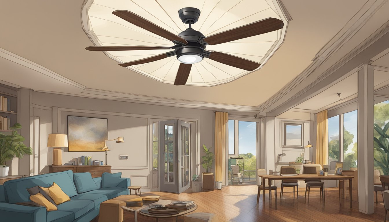 A large ceiling fan spinning above a room with people looking up in amazement