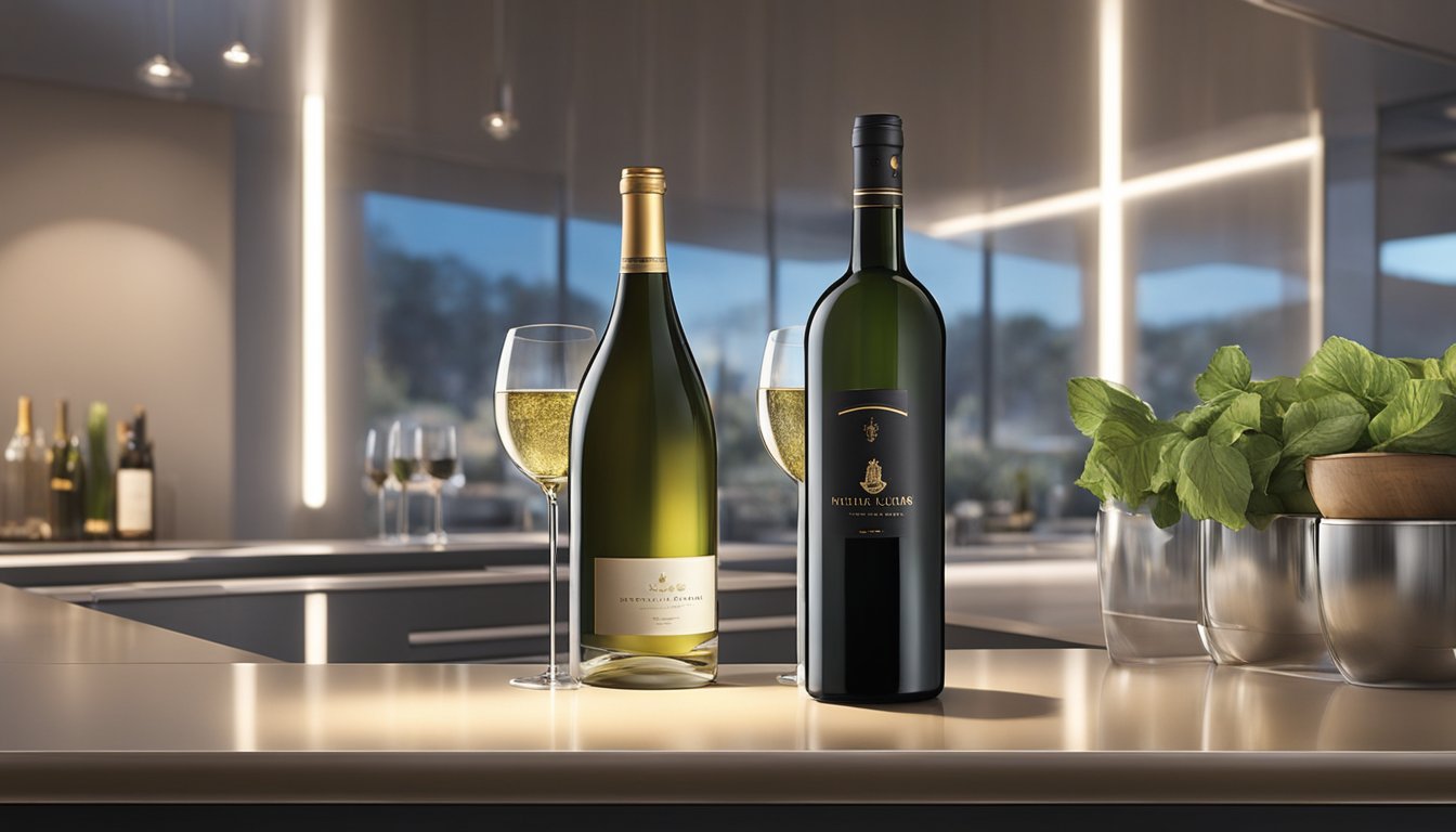 A wine chiller sits on a sleek countertop, its size and design exuding modern elegance. The soft glow of the surrounding lights highlights its polished surface, inviting the viewer to imagine the perfect bottle nestled inside