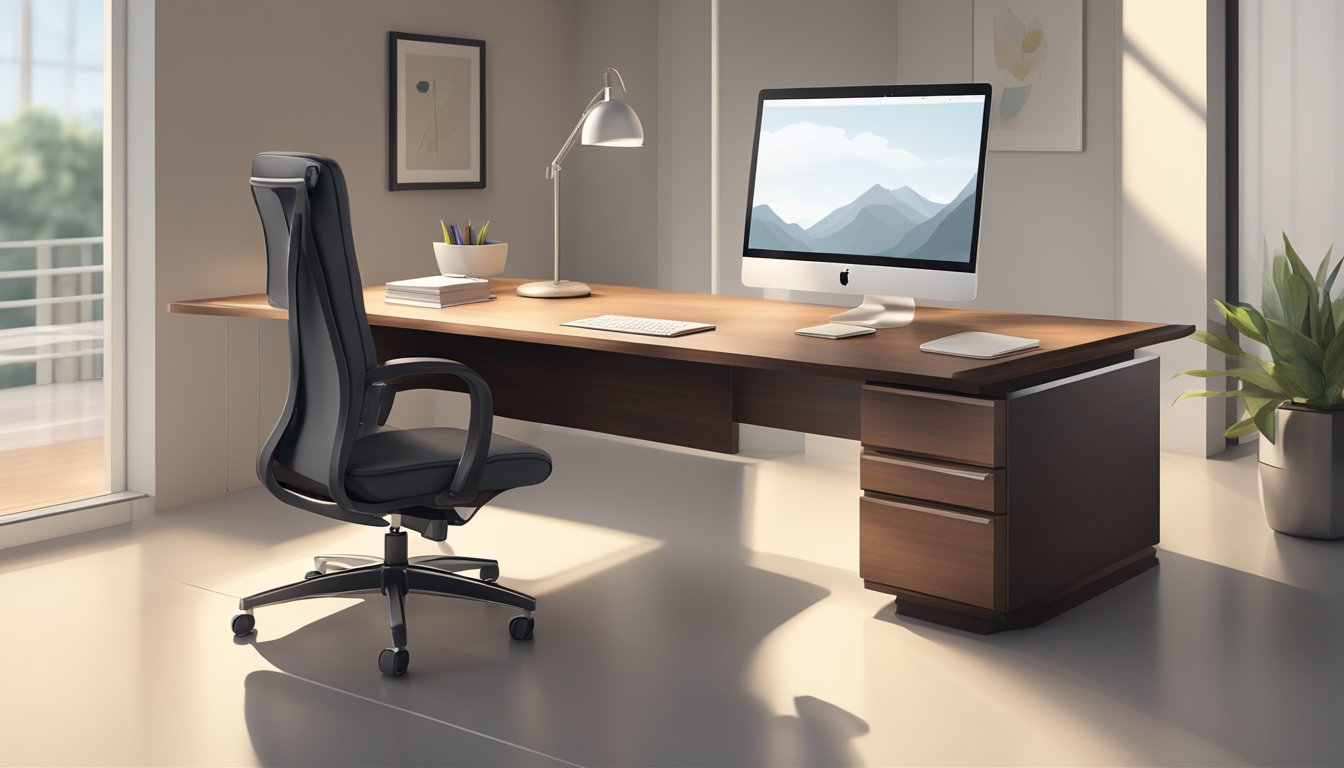 A sleek, modern desk made of dark maple wood, with clean lines and a smooth finish, sitting in a well-lit office space