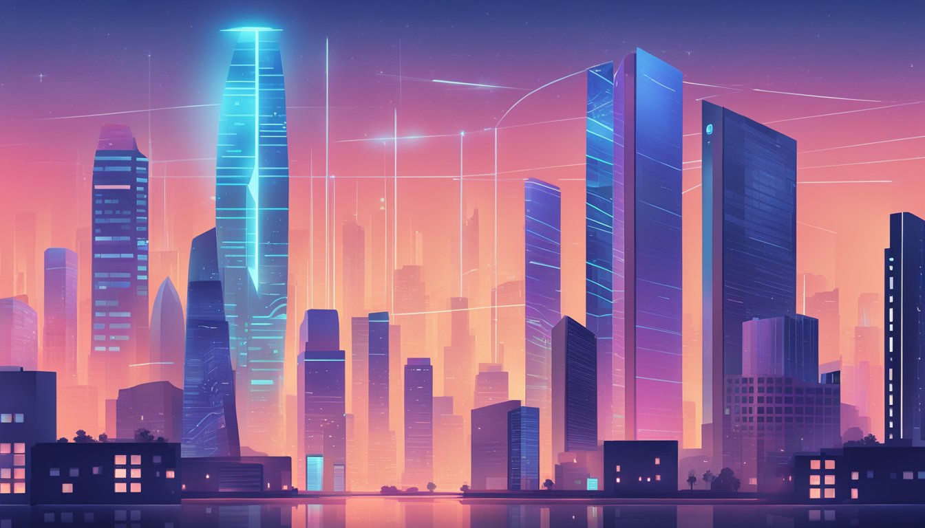 A futuristic cityscape with a sleek, minimalist office building featuring a glowing "UX Design" sign. A digital salary chart hovers in the air, displaying fluctuating numbers