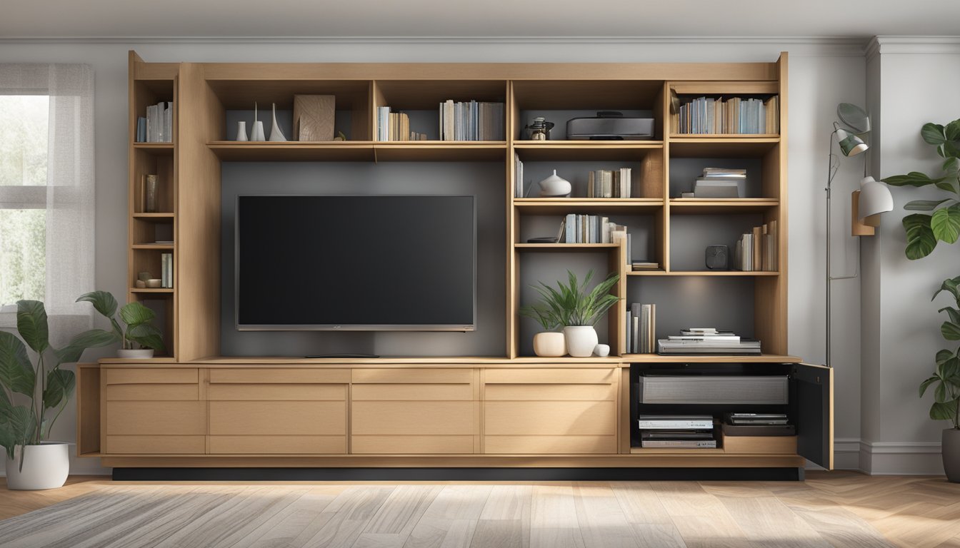 An extendable TV console with open shelves and hidden compartments