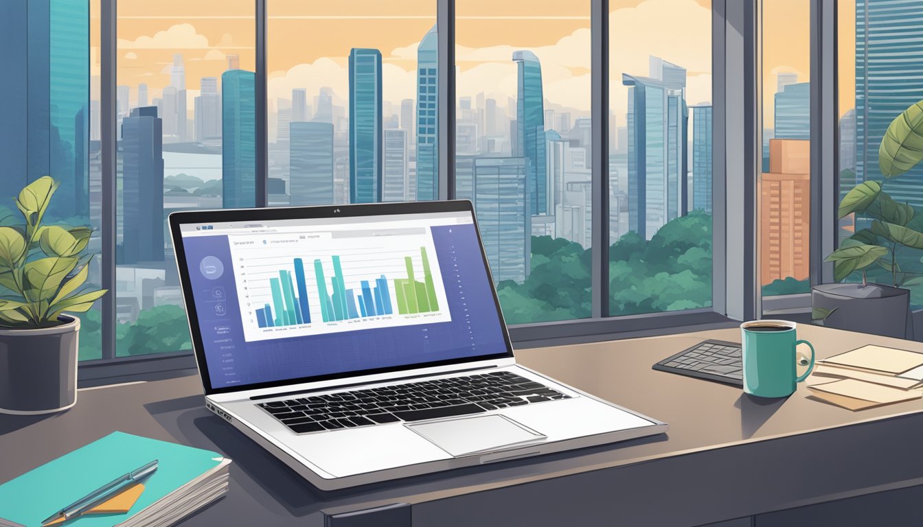 A laptop with a salary report on the screen, surrounded by office supplies and a Singapore cityscape in the background