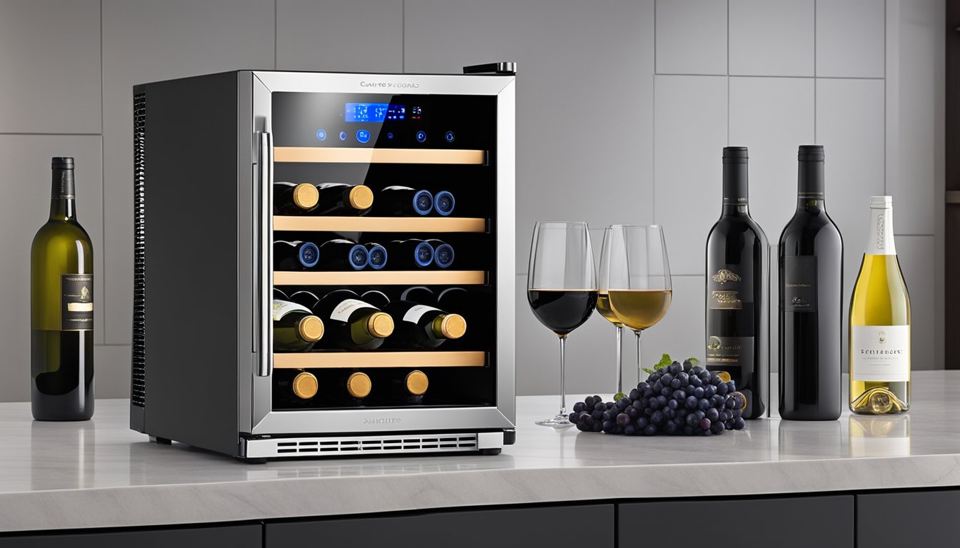 A sleek, modern wine chiller sits on a countertop, perfectly sized to hold multiple bottles. The soft glow of the LED display highlights its advanced temperature control features