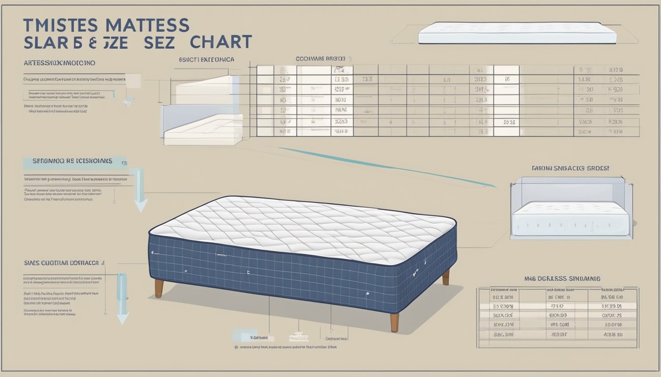 A mattress size chart displayed with clear dimensions and labels, surrounded by commonly asked questions in Singapore