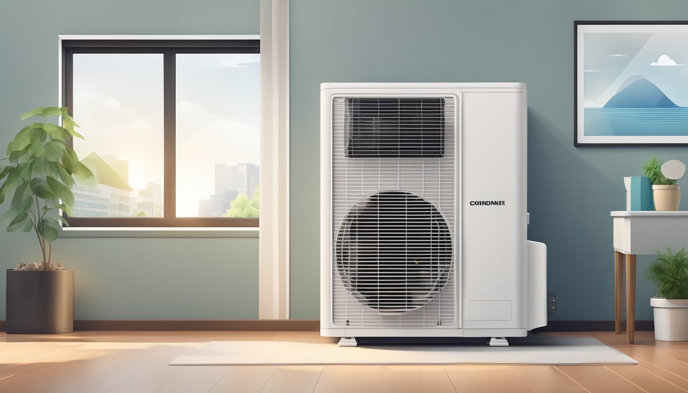 The air conditioner's dry mode setting is activated, with the fan running at a low speed and the compressor cycling on and off to remove excess moisture from the air