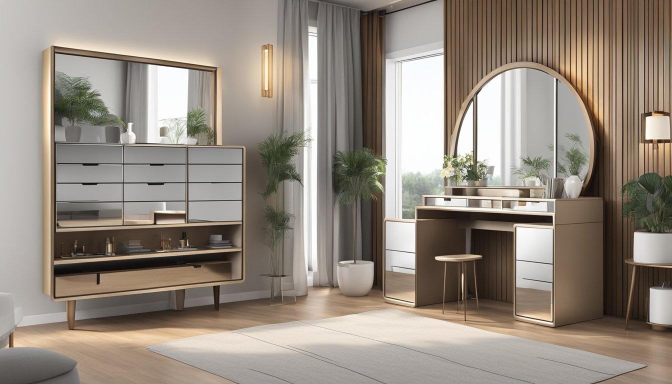A sleek, modern dressing table with multiple drawers and compartments for storage. The table is made of polished wood and has a large mirror attached