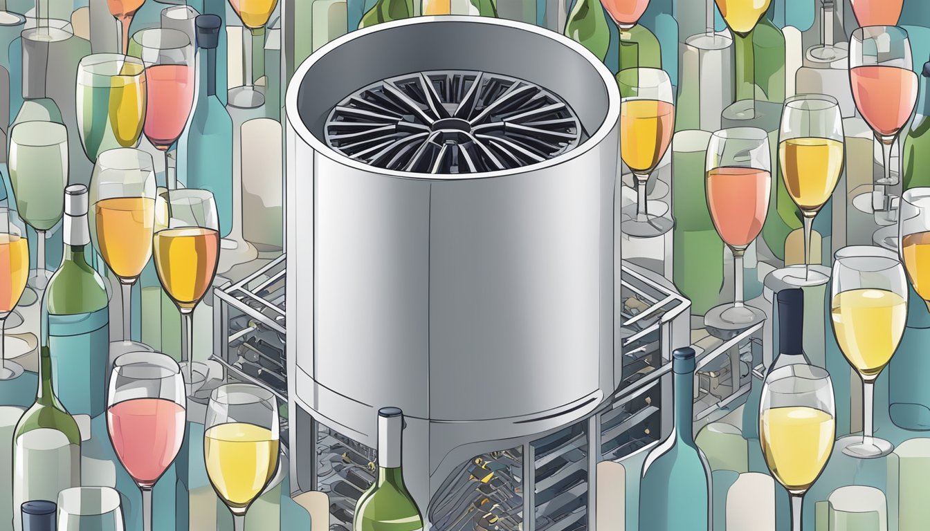 A wine chiller with dimensions, surrounded by question marks