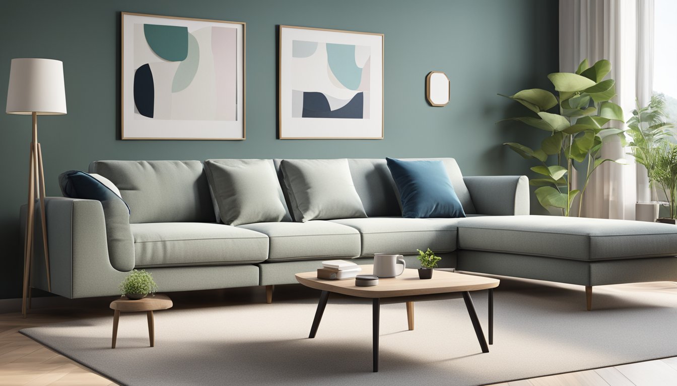 An L-shaped sofa with specific dimensions, placed in a well-lit living room with modern decor and a coffee table