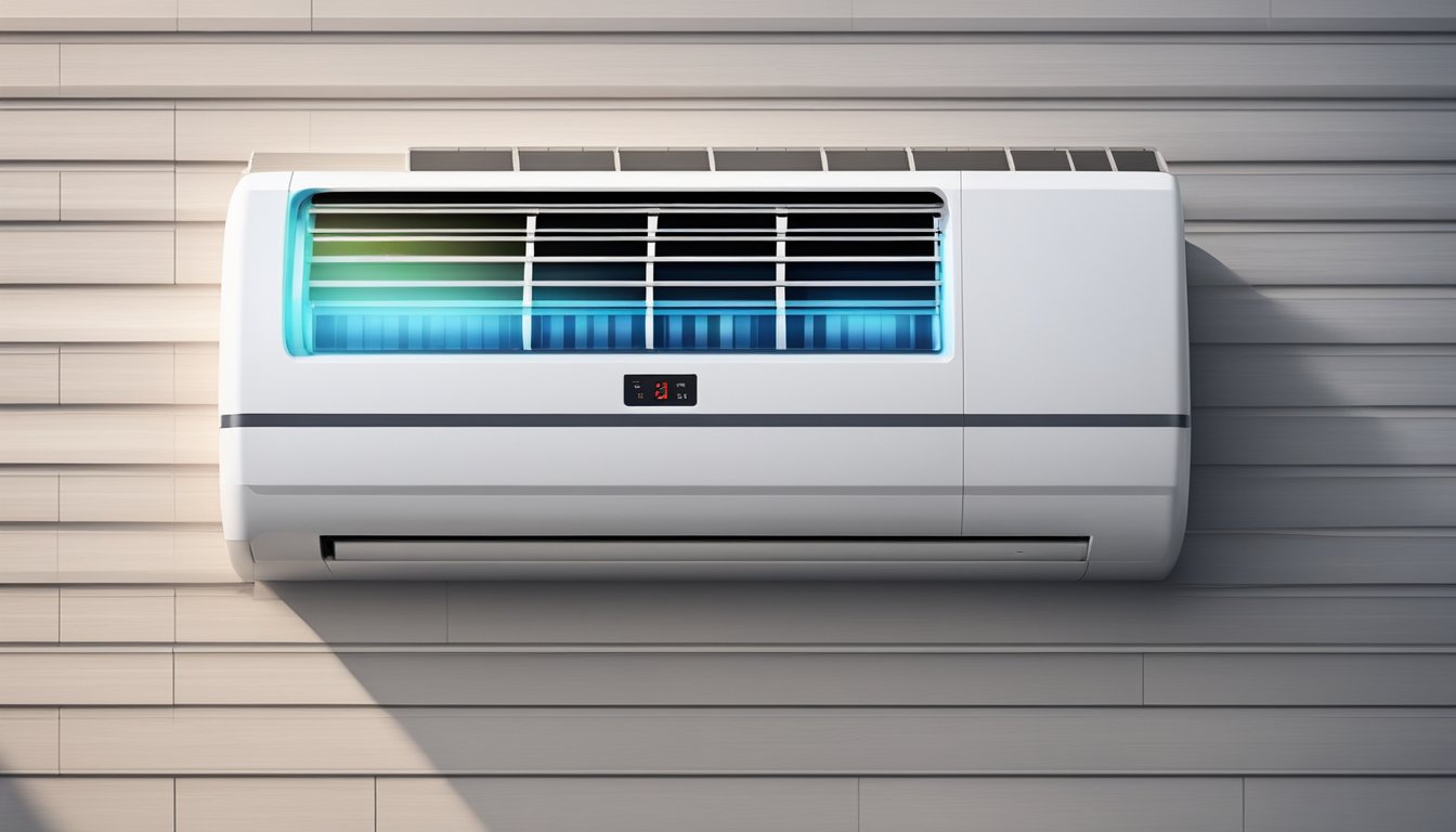 A modern air conditioning unit sits on a wall, emitting cool air. Its digital display shows the current temperature and fan speed