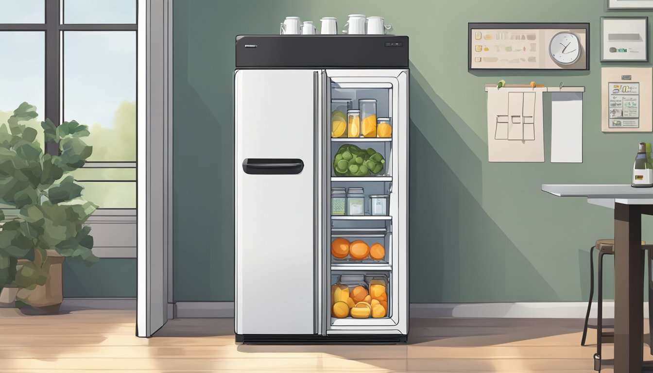 A small fridge sits on a countertop, its dimensions clearly visible. The door is slightly ajar, revealing a few items inside