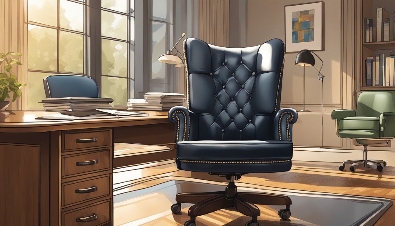 An executive chair sits behind a polished desk, bathed in warm, natural light from a nearby window