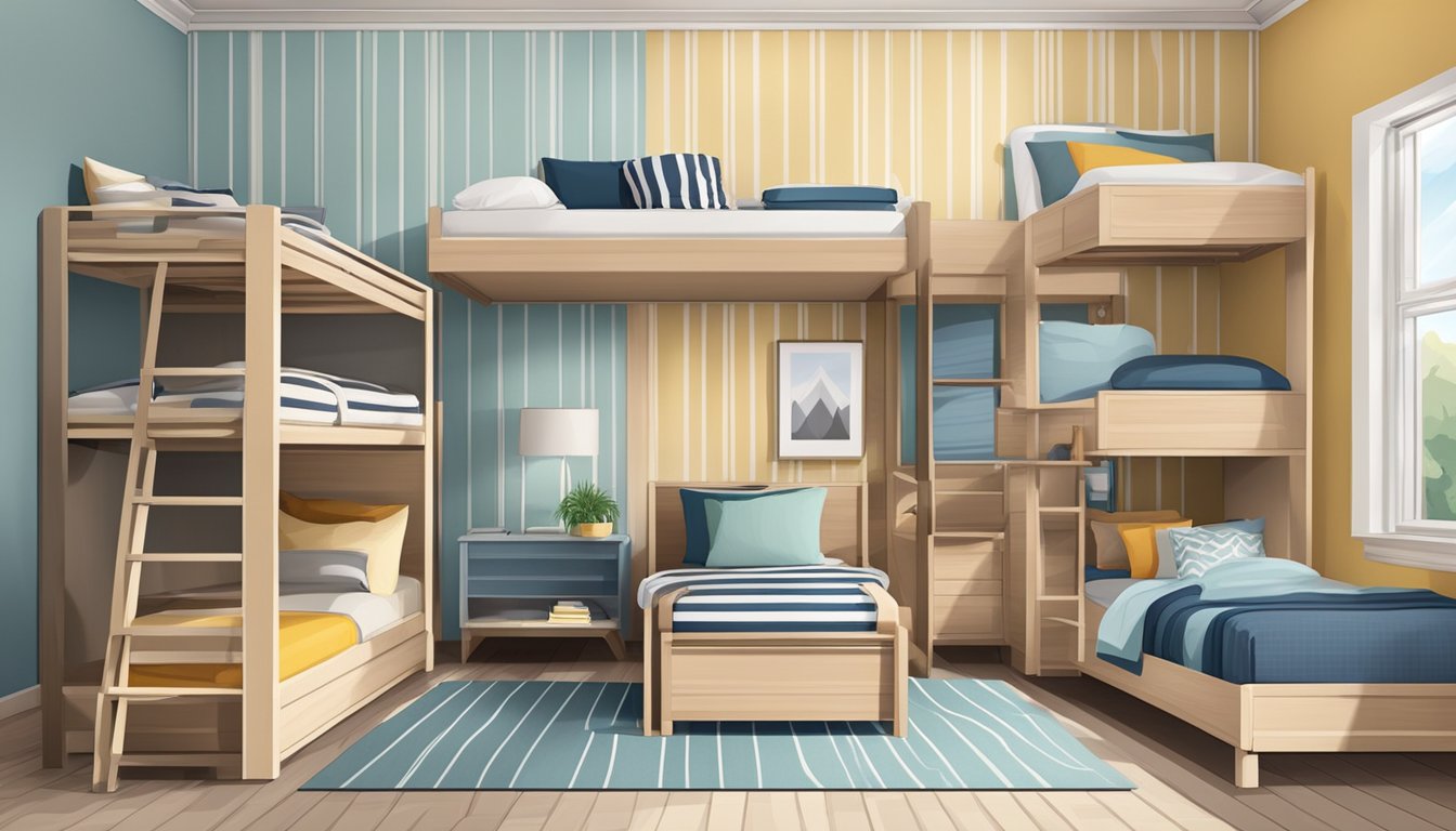 A room with different types of beds arranged neatly, including bunk beds, canopy beds, and platform beds, with various bedding and pillows