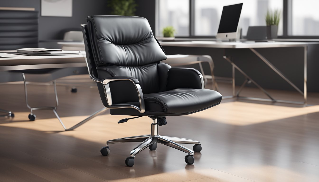 An executive chair made of sleek, black leather and polished metal, placed in a modern office setting with a large desk and minimalist decor