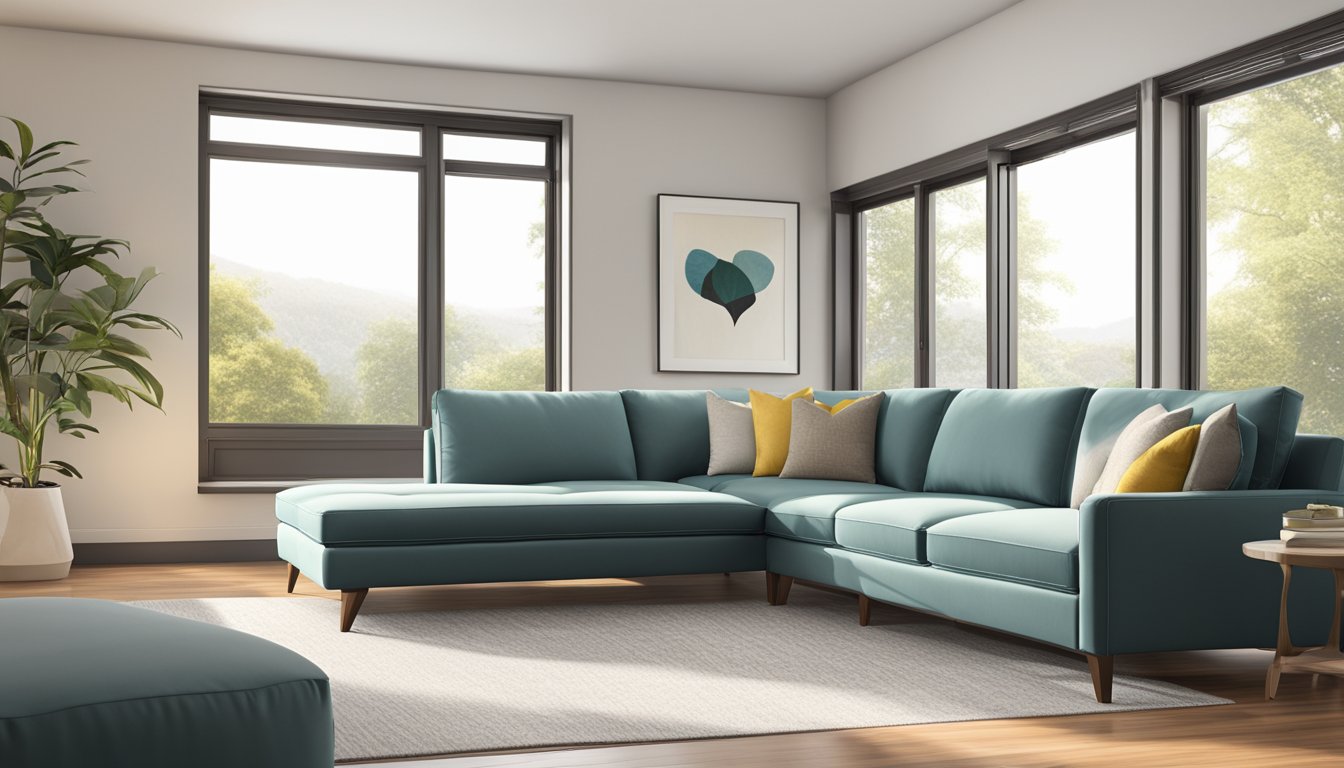 A spacious living room with a modern L-shaped sofa, measuring 90 inches in length and 60 inches in width, positioned against a large window with natural light streaming in