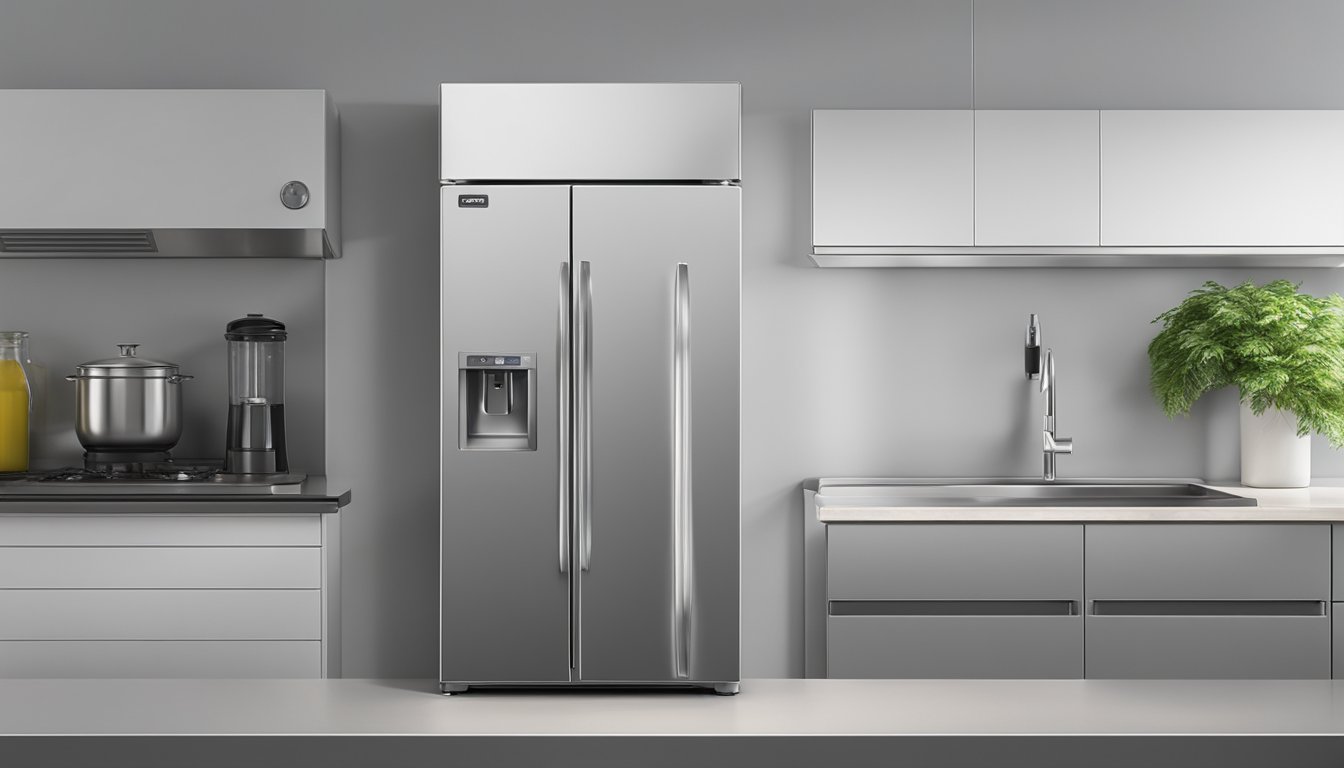 A small fridge sits on a kitchen countertop, measuring 3 feet in height and 2 feet in width. It has a stainless steel finish and a single door with a handle