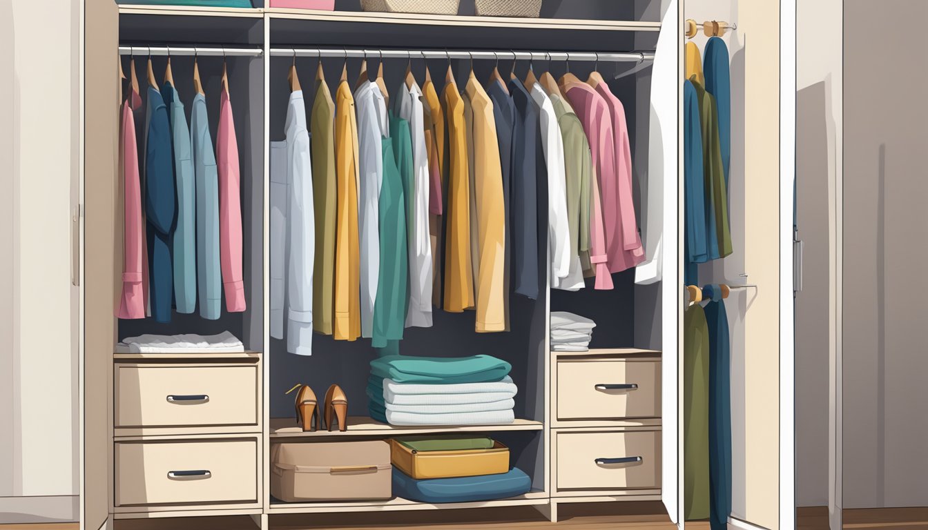 A wardrobe compartment with open doors revealing neatly arranged clothing and accessories