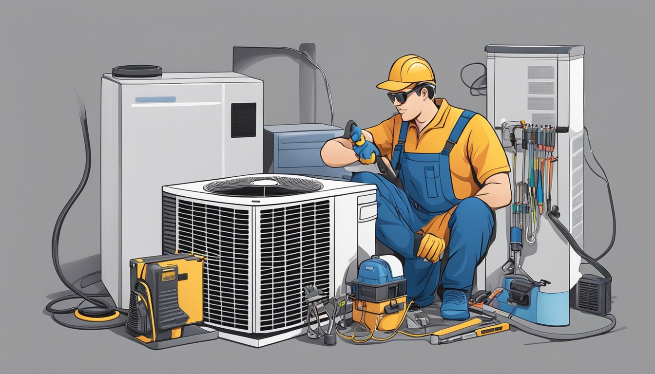 A technician installs and maintains an AC unit, tools and equipment scattered around
