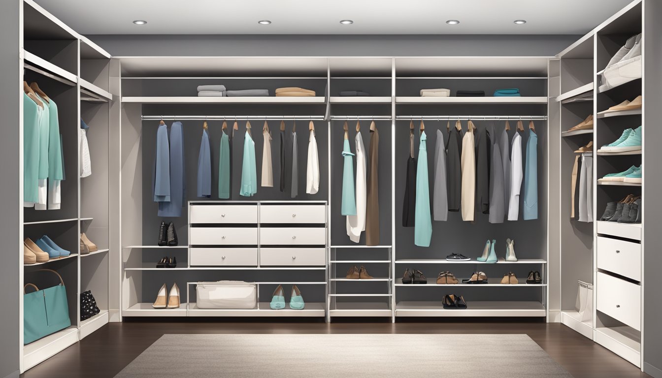 A spacious wardrobe compartment with adjustable shelves, hanging rods, and a built-in shoe rack. Bright lighting and a full-length mirror for outfit selection