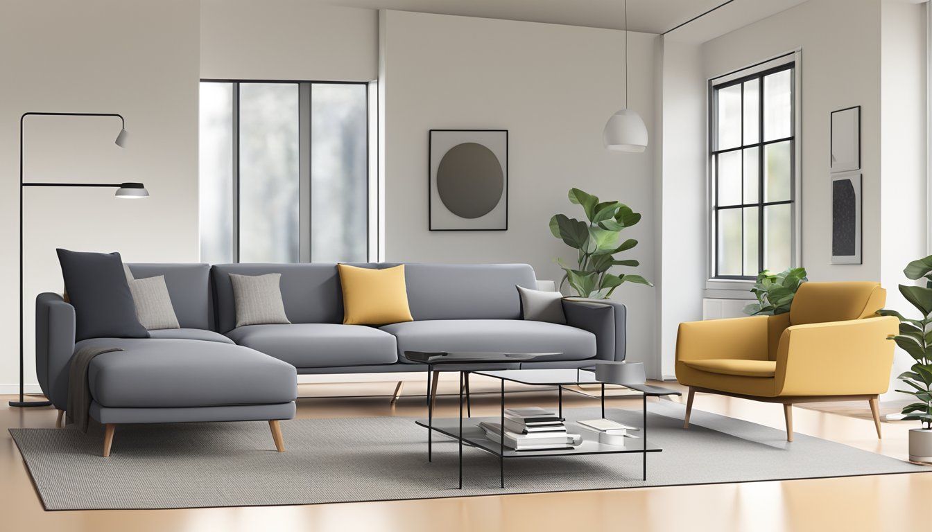 An L-shaped sofa with labeled dimensions in a minimalist room setting