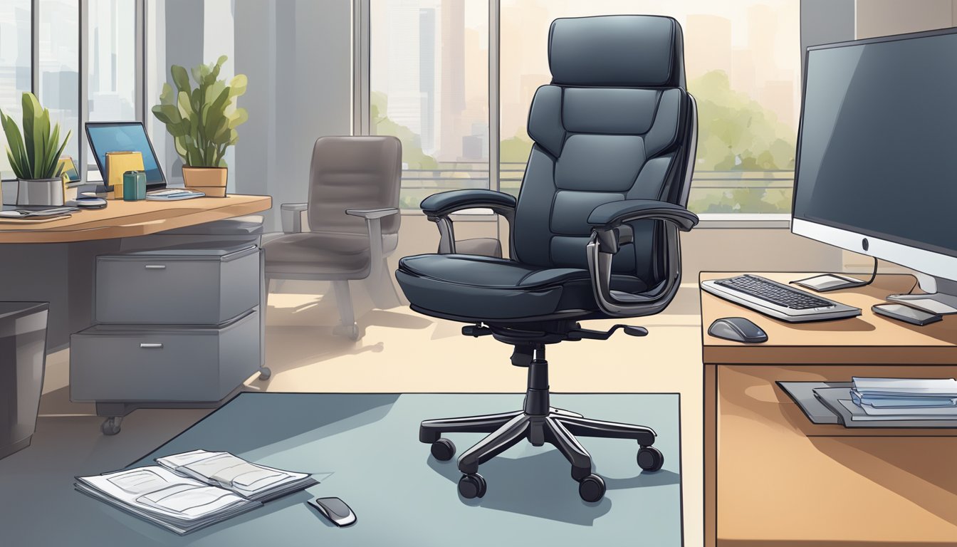 A sleek executive chair sits in a well-lit office, surrounded by a modern desk and computer. A maintenance guide is placed nearby, with a bottle of leather cleaner and a soft cloth