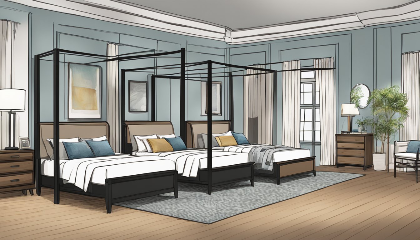 A room with various bed types: bunk, canopy, platform, and sleigh beds arranged in a showroom setting