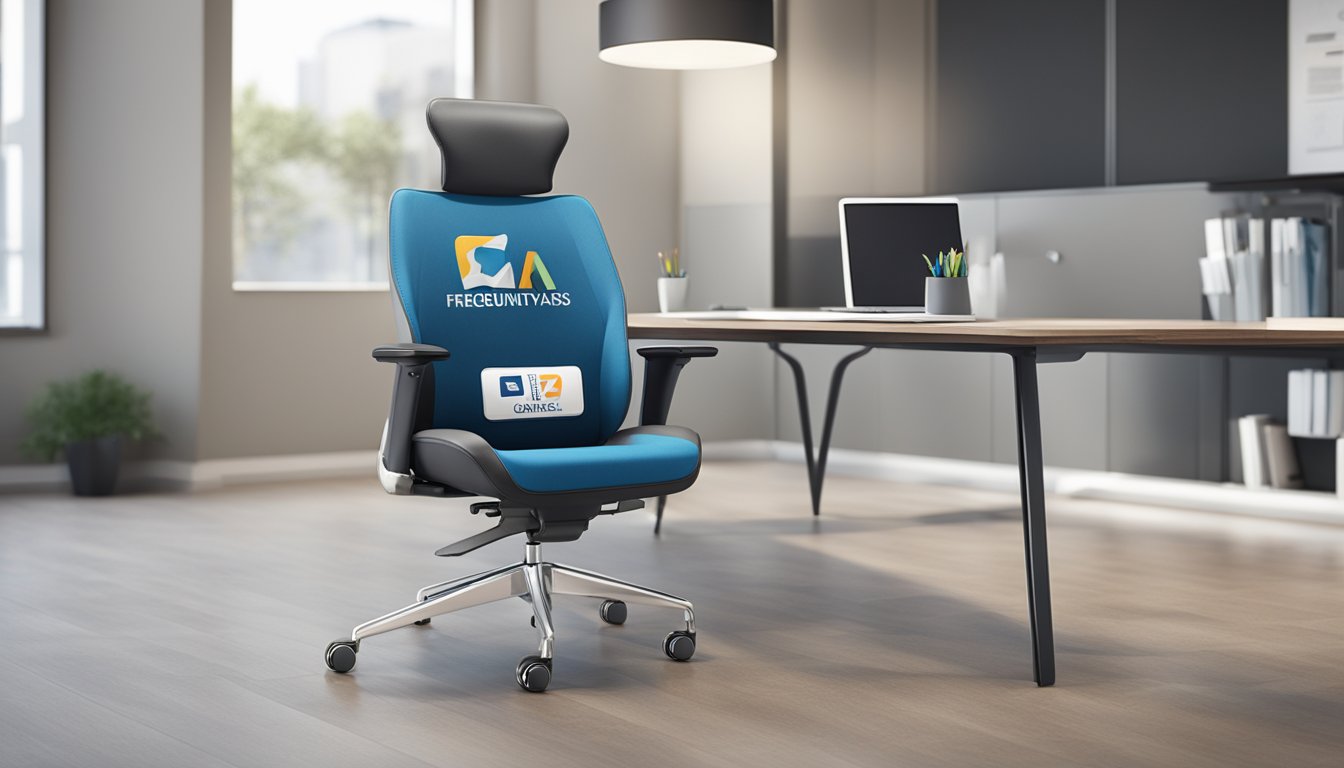 A sleek executive chair with a "Frequently Asked Questions" logo embroidered on the backrest, positioned in a modern office setting