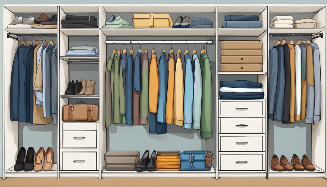 Various clothing items neatly folded and organized within the wardrobe compartments. Accessories and shoes placed in designated sections for easy access