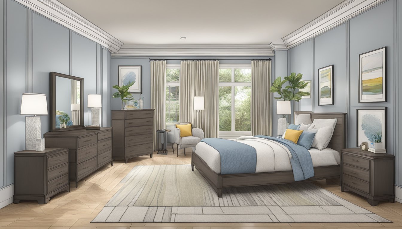 A bedroom with various bed sizes and dimensions displayed, including twin, full, queen, and king beds