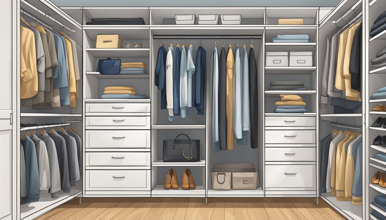 A wardrobe compartment filled with neatly organized shelves and hanging rods. Labels and signs indicate different sections for easy navigation