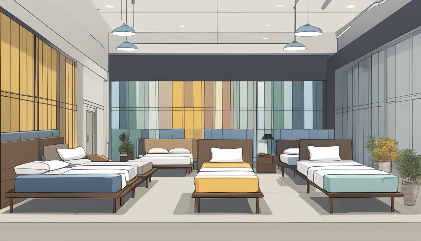 Various bed types arranged in a showroom, labeled with "Frequently Asked Questions" signs