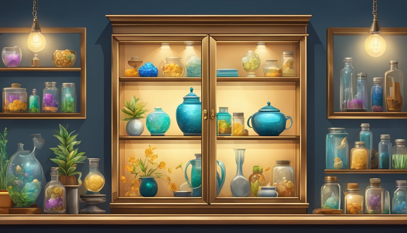 A wall display cabinet filled with various items and trinkets, neatly arranged and illuminated by soft lighting