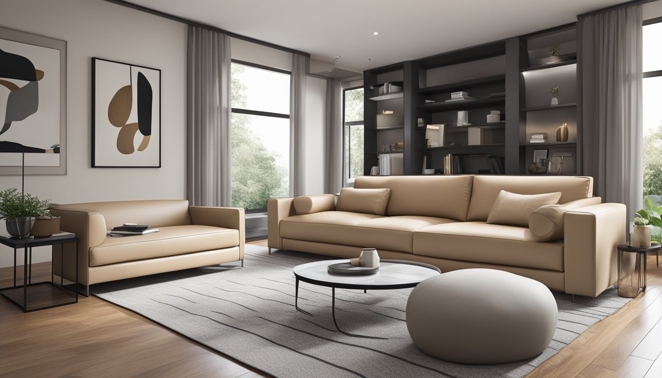 A leather sofa bed in a modern living room with sleek design and neutral colors