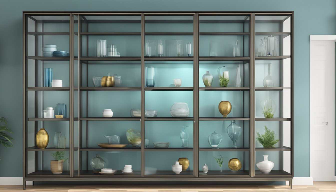 A sleek, modern wall display cabinet with glass shelves and a metal frame, showcasing its design and material selection