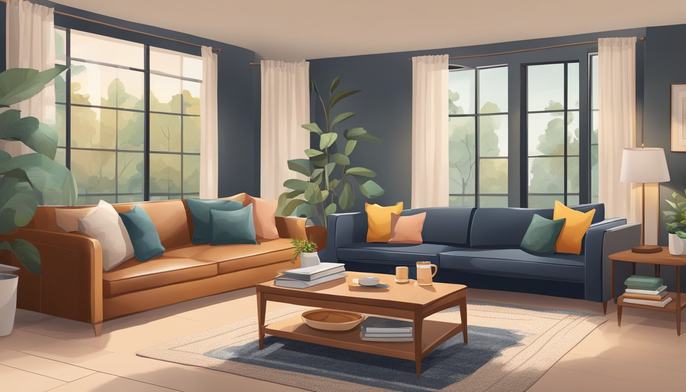 A cozy living room with a sleek leather sofa bed, surrounded by soft pillows and a warm throw blanket. A side table holds a cup of tea and a book, creating a comfortable and inviting space