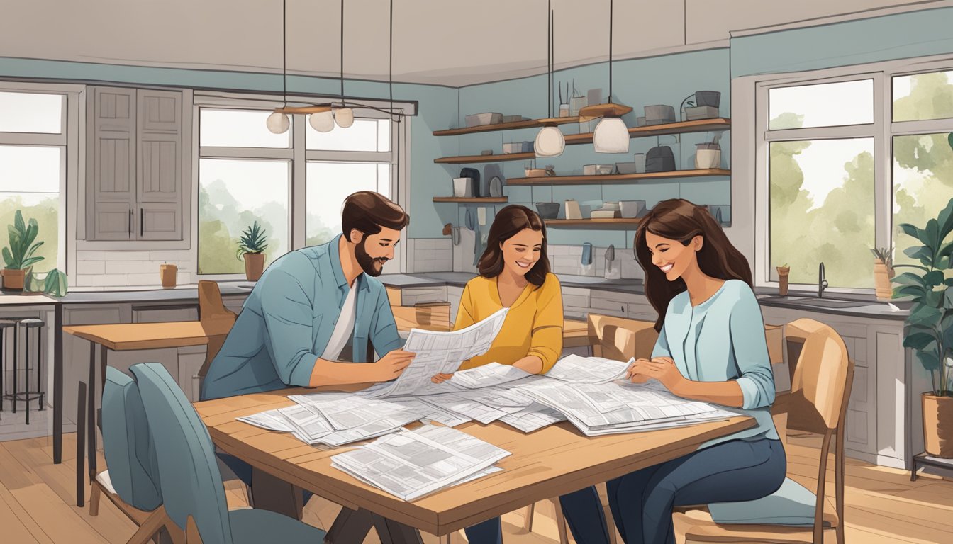 A couple sits at a table covered in home renovation magazines and blueprints, discussing their dream house renovation ideas. Paint swatches and fabric samples are scattered around them as they plan their ideal living space