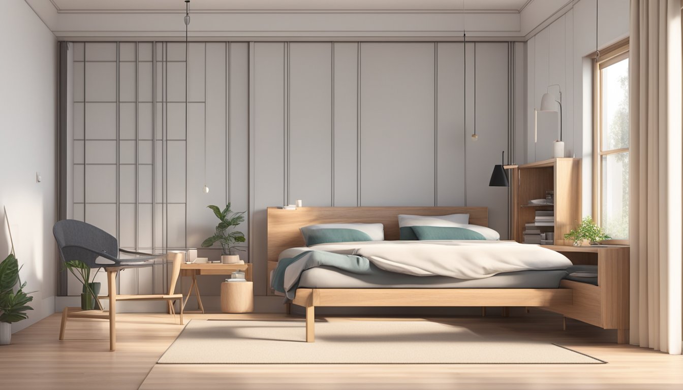 A single wooden bed frame sits in a sparsely decorated room, with clean lines and a minimalist aesthetic