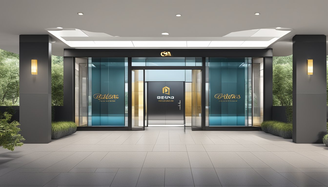 A modern, sleek entrance design with glass doors, metallic accents, and a bold logo displayed prominently