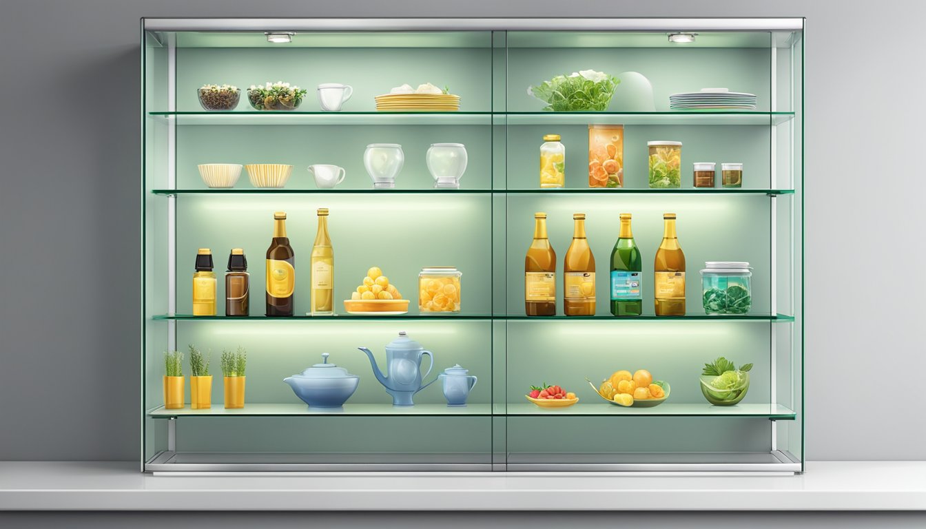 A wall display cabinet is mounted with glass shelves and LED lighting, showcasing products