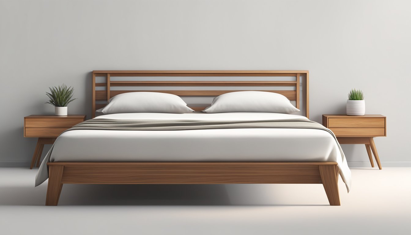 A single wooden bed frame stands against a white wall, with clean lines and a simple design. The wood is smooth and polished, with a warm, natural tone